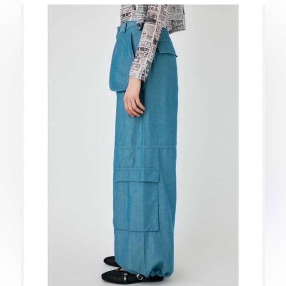 MOUSSY Out Pocket Bag Blue Cargo Pants Cotton Linen Elastic Waist Stacking SZ 1 - Picture 12 of 16